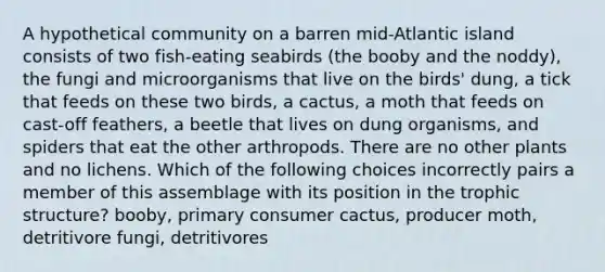 A hypothetical community on a barren mid-Atlantic island consists of two fish-eating seabirds (the booby and the noddy), the fungi and microorganisms that live on the birds' dung, a tick that feeds on these two birds, a cactus, a moth that feeds on cast-off feathers, a beetle that lives on dung organisms, and spiders that eat the other arthropods. There are no other plants and no lichens. Which of the following choices incorrectly pairs a member of this assemblage with its position in the trophic structure? booby, primary consumer cactus, producer moth, detritivore fungi, detritivores