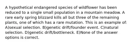 A hypothetical endangered species of wildflower has been reduced to a single small population in a mountain meadow. A rare early spring blizzard kills all but three of the remaining plants, one of which has a rare mutation. This is an example of: A)sexual selection. B)genetic drift/founder event. C)natural selection. D)genetic drift/bottleneck. E)None of the answer options is correct.