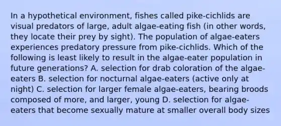 In a hypothetical environment, fishes called pike-cichlids are visual predators of large, adult algae-eating fish (in other words, they locate their prey by sight). The population of algae-eaters experiences predatory pressure from pike-cichlids. Which of the following is least likely to result in the algae-eater population in future generations? A. selection for drab coloration of the algae-eaters B. selection for nocturnal algae-eaters (active only at night) C. selection for larger female algae-eaters, bearing broods composed of more, and larger, young D. selection for algae-eaters that become sexually mature at smaller overall body sizes