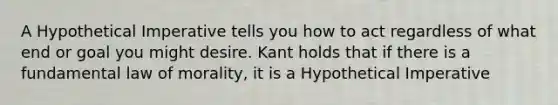 A Hypothetical Imperative tells you how to act regardless of what end or goal you might desire. Kant holds that if there is a fundamental law of morality, it is a Hypothetical Imperative