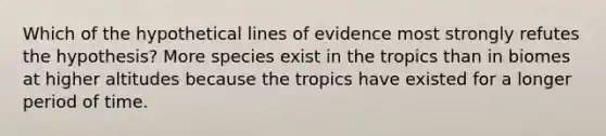 Which of the hypothetical lines of evidence most strongly refutes the hypothesis? More species exist in the tropics than in biomes at higher altitudes because the tropics have existed for a longer period of time.