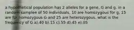 a hypothetical population has 2 alleles for a gene, G and g. in a random samplee of 50 individuals, 10 are homozygous for g, 15 are for homozygous G and 25 are heterozygous. what is the frequency of G a).40 b).15 c).55 d).45 e).05