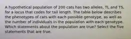 A hypothetical population of 200 cats has two alleles, TL and TS, for a locus that codes for tail length. The table below describes the phenotypes of cats with each possible genotype, as well as the number of individuals in the population with each genotype. Which statements about the population are true? Select the five statements that are true.