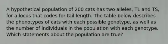 A hypothetical population of 200 cats has two alleles, TL and TS, for a locus that codes for tail length. The table below describes the phenotypes of cats with each possible genotype, as well as the number of individuals in the population with each genotype. Which statements about the population are true?