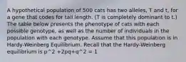 A hypothetical population of 500 cats has two alleles, T and t, for a gene that codes for tail length. (T is completely dominant to t.) The table below presents the phenotype of cats with each possible genotype, as well as the number of individuals in the population with each genotype. Assume that this population is in Hardy-Weinberg Equilibrium. Recall that the Hardy-Weinberg equilibrium is p^2 +2pq+q^2 = 1