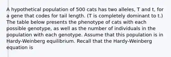 A hypothetical population of 500 cats has two alleles, T and t, for a gene that codes for tail length. (T is completely dominant to t.) The table below presents the phenotype of cats with each possible genotype, as well as the number of individuals in the population with each genotype. Assume that this population is in Hardy-Weinberg equilibrium. Recall that the Hardy-Weinberg equation is