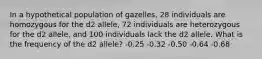 In a hypothetical population of gazelles, 28 individuals are homozygous for the d2 allele, 72 individuals are heterozygous for the d2 allele, and 100 individuals lack the d2 allele. What is the frequency of the d2 allele? -0.25 -0.32 -0.50 -0.64 -0.68