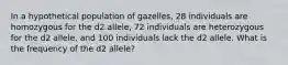 In a hypothetical population of gazelles, 28 individuals are homozygous for the d2 allele, 72 individuals are heterozygous for the d2 allele, and 100 individuals lack the d2 allele. What is the frequency of the d2 allele?