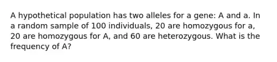 A hypothetical population has two alleles for a gene: A and a. In a random sample of 100 individuals, 20 are homozygous for a, 20 are homozygous for A, and 60 are heterozygous. What is the frequency of A?