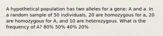 A hypothetical population has two alleles for a gene: A and a. In a random sample of 50 individuals, 20 are homozygous for a, 20 are homozygous for A, and 10 are heterozygous. What is the frequency of A? 80% 50% 40% 20%