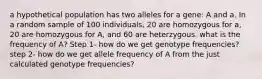 a hypothetical population has two alleles for a gene: A and a. In a random sample of 100 individuals, 20 are homozygous for a, 20 are homozygous for A, and 60 are heterzygous. what is the frequency of A? Step 1- how do we get genotype frequencies? step 2- how do we get allele frequency of A from the just calculated genotype frequencies?