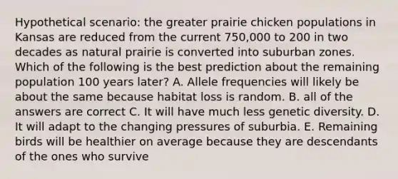 Hypothetical scenario: the greater prairie chicken populations in Kansas are reduced from the current 750,000 to 200 in two decades as natural prairie is converted into suburban zones. Which of the following is the best prediction about the remaining population 100 years later? A. Allele frequencies will likely be about the same because habitat loss is random. B. all of the answers are correct C. It will have much less genetic diversity. D. It will adapt to the changing pressures of suburbia. E. Remaining birds will be healthier on average because they are descendants of the ones who survive