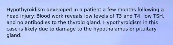 Hypothyroidism developed in a patient a few months following a head injury. Blood work reveals low levels of T3 and T4, low TSH, and no antibodies to the thyroid gland. Hypothyroidism in this case is likely due to damage to the hypothalamus or pituitary gland.