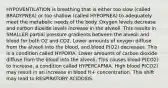 HYPOVENTILATION is breathing that is either too slow (called BRADYPNEA) or too shallow (called HYPOPNEA) to adequately meet the metabolic needs of the body. Oxygen levels decrease and carbon dioxide levels increase in the alveoli. This results in SMALLER partial pressure gradients between the alveoli and blood for both O2 and CO2. Lower amounts of oxygen diffuse from the alveoli into the blood, and blood P(O2) decreases. This is a condition called HYPOXIA. Lower amounts of carbon dioxide diffuse from the blood into the alveoli. This causes blood P(CO2) to increase, a condition called HYPERCAPNIA. High blood P(CO2) may result in an increase in blood H+ concentration. This shift may lead to RESPIRATORY ACIDOSIS.