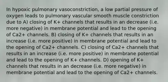 In hypoxic pulmonary vasoconstriction, a low partial pressure of oxygen leads to pulmonary vascular smooth muscle constriction due to A) closing of K+ channels that results in an decrease (i.e. more negative) in membrane potential and lead to the opening of Ca2+ channels. B) closing of K+ channels that results in an increase (i.e. more positive) in membrane potential and lead to the opening of Ca2+ channels. C) closing of Ca2+ channels that results in an increase (i.e. more positive) in membrane potential and lead to the opening of K+ channels. D) opening of K+ channels that results in an decrease (i.e. more negative) in membrane potential and lead to the opening of Ca2+ channels.