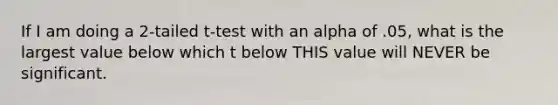 If I am doing a 2-tailed t-test with an alpha of .05, what is the largest value below which t below THIS value will NEVER be significant.