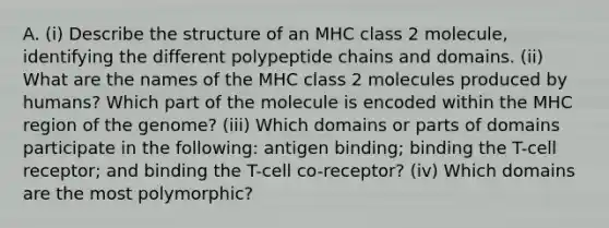 A. (i) Describe the structure of an MHC class 2 molecule, identifying the different polypeptide chains and domains. (ii) What are the names of the MHC class 2 molecules produced by humans? Which part of the molecule is encoded within the MHC region of the genome? (iii) Which domains or parts of domains participate in the following: antigen binding; binding the T-cell receptor; and binding the T-cell co-receptor? (iv) Which domains are the most polymorphic?