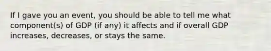 If I gave you an event, you should be able to tell me what component(s) of GDP (if any) it affects and if overall GDP increases, decreases, or stays the same.