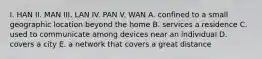 I. HAN II. MAN III. LAN IV. PAN V. WAN A. confined to a small geographic location beyond the home B. services a residence C. used to communicate among devices near an individual D. covers a city E. a network that covers a great distance