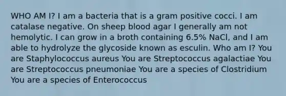 WHO AM I? I am a bacteria that is a gram positive cocci. I am catalase negative. On sheep blood agar I generally am not hemolytic. I can grow in a broth containing 6.5% NaCl, and I am able to hydrolyze the glycoside known as esculin. Who am I? You are Staphylococcus aureus You are Streptococcus agalactiae You are Streptococcus pneumoniae You are a species of Clostridium You are a species of Enterococcus