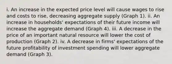 i. An increase in the expected price level will cause wages to rise and costs to​ rise, decreasing aggregate supply​ (Graph 1). ii. An increase in​ households' expectations of their future income will increase the aggregate demand​ (Graph 4). iii. A decrease in the price of an important natural resource will lower the cost of production​ (Graph 2). iv. A decrease in​ firms' expectations of the future profitability of investment spending will lower aggregate demand​ (Graph 3).