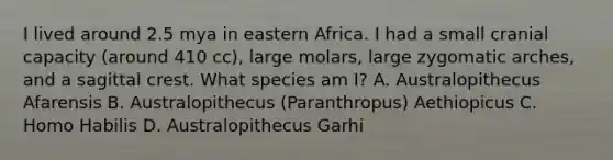 I lived around 2.5 mya in eastern Africa. I had a small cranial capacity (around 410 cc), large molars, large zygomatic arches, and a sagittal crest. What species am I? A. Australopithecus Afarensis B. Australopithecus (Paranthropus) Aethiopicus C. Homo Habilis D. Australopithecus Garhi