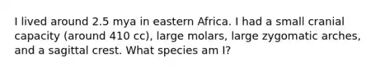 I lived around 2.5 mya in eastern Africa. I had a small cranial capacity (around 410 cc), large molars, large zygomatic arches, and a sagittal crest. What species am I?