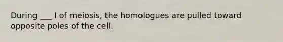 During ___ I of meiosis, the homologues are pulled toward opposite poles of the cell.