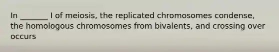 In _______ I of meiosis, the replicated chromosomes condense, the homologous chromosomes from bivalents, and crossing over occurs