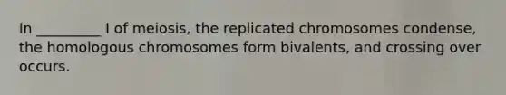 In _________ I of meiosis, the replicated chromosomes condense, the homologous chromosomes form bivalents, and crossing over occurs.