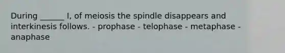 During ______ I, of meiosis the spindle disappears and interkinesis follows. - prophase - telophase - metaphase - anaphase