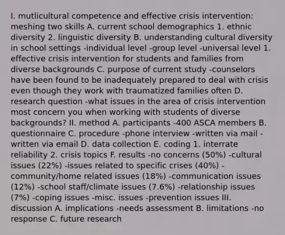 I. mutlicultural competence and effective crisis intervention: meshing two skills A. current school demographics 1. ethnic diversity 2. linguistic diversity B. understanding cultural diversity in school settings -individual level -group level -universal level 1. effective crisis intervention for students and families from diverse backgrounds C. purpose of current study -counselors have been found to be inadequately prepared to deal with crisis even though they work with traumatized families often D. research question -what issues in the area of crisis intervention most concern you when working with students of diverse backgrounds? II. method A. participants -400 ASCA members B. questionnaire C. procedure -phone interview -written via mail -written via email D. data collection E. coding 1. interrate reliability 2. crisis topics F. results -no concerns (50%) -cultural issues (22%) -issues related to specific crises (40%) -community/home related issues (18%) -communication issues (12%) -school staff/climate issues (7.6%) -relationship issues (7%) -coping issues -misc. issues -prevention issues III. discussion A. implications -needs assessment B. limitations -no response C. future research