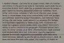 I. Pardon's Power: -can only do w/ state crimes, 99% of criminal convictions in this gov't are state II. Constants -each state has an executive branch -each state has a governor elected by people -each state has varying appointed powers III. Variables -term limits -term times -whether it falls on an election year -longer terms = more power -how much control they have over budget, one extreme: write the budget themselves, one extreme: have no say, the real range, most power is he develops the budget and legislature approves IV. Table on pg. 252 -illustrates the Governor's powers across states -item veto power: Governor's ability to veto a sentence or paragraph -President ahs no item veto, he either vetoes all or none -Governors thus have a power that the president does not -item veto: majority legislators elected to override, legislature can override a line item veto, need the same majority to get the bill on the Governor's desk -IN does not have line item veto power, but majority of states do