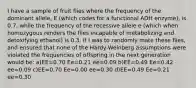 I have a sample of fruit flies where the frequency of the dominant allele, E (which codes for a functional ADH enzyme), is 0.7, while the frequency of the recessive allele e (which when homozygous renders the flies incapable of metabolizing and detoxifying ethanol) is 0.3. If I was to randomly mate these flies, and ensured that none of the Hardy-Weinberg assumptions were violated the frequencies of offspring in the next generation would be: a)EE=0.70 Ee=0.21 ee=0.09 b)EE=0.49 Ee=0.42 ee=0.09 c)EE=0.70 Ee=0.00 ee=0.30 d)EE=0.49 Ee=0.21 ee=0.30