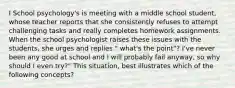 I School psychology's is meeting with a middle school student, whose teacher reports that she consistently refuses to attempt challenging tasks and really completes homework assignments. When the school psychologist raises these issues with the students, she urges and replies " what's the point"? I've never been any good at school and I will probably fail anyway, so why should I even try?" This situation, best illustrates which of the following concepts?