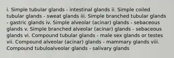 i. Simple tubular glands - intestinal glands ii. Simple coiled tubular glands - sweat glands iii. Simple branched tubular glands - gastric glands iv. Simple alveolar (acinar) glands - sebaceous glands v. Simple branched alveolar (acinar) glands - sebaceous glands vi. Compound tubular glands - male sex glands or testes vii. Compound alveolar (acinar) glands - mammary glands viii. Compound tubuloalveolar glands - salivary glands