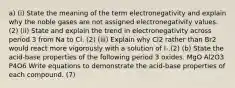 a) (i) State the meaning of the term electronegativity and explain why the noble gases are not assigned electronegativity values. (2) (ii) State and explain the trend in electronegativity across period 3 from Na to Cl. (2) (iii) Explain why Cl2 rather than Br2 would react more vigorously with a solution of I-.(2) (b) State the acid-base properties of the following period 3 oxides. MgO Al2O3 P4O6 Write equations to demonstrate the acid-base properties of each compound. (7)