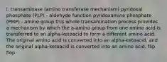 i. transaminase (amino transferase mechanism) pyridoxal phosphate (PLP) - aldehyde function pyridoxamine phosphate (PMP) - amine group this whole transamination process provides a mechanism by which the a-amino group from one amino acid is transferred to an alpha-ketoacid to form a different amino acid. The original amino acid is converted into an alpha-ketoacid, and the original alpha-ketoacid is converted into an amino acid. flip flop