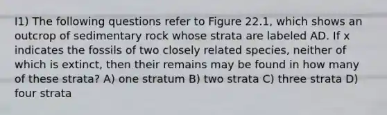 I1) The following questions refer to Figure 22.1, which shows an outcrop of sedimentary rock whose strata are labeled AD. If x indicates the fossils of two closely related species, neither of which is extinct, then their remains may be found in how many of these strata? A) one stratum B) two strata C) three strata D) four strata