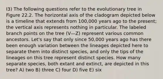 I3) The following questions refer to the evolutionary tree in Figure 22.2. The horizontal axis of the cladogram depicted below is a timeline that extends from 100,000 years ago to the present; the vertical axis represents nothing in particular. The labeled branch points on the tree (V—Z) represent various common ancestors. Let's say that only since 50,000 years ago has there been enough variation between the lineages depicted here to separate them into distinct species, and only the tips of the lineages on this tree represent distinct species. How many separate species, both extant and extinct, are depicted in this tree? A) two B) three C) four D) five E) six