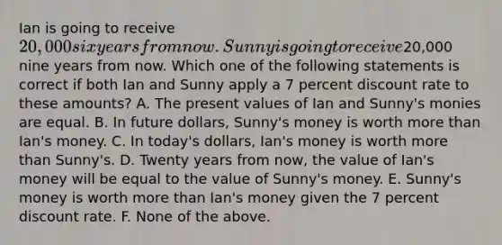 Ian is going to receive 20,000 six years from now. Sunny is going to receive20,000 nine years from now. Which one of the following statements is correct if both Ian and Sunny apply a 7 percent discount rate to these amounts? A. The present values of Ian and Sunny's monies are equal. B. In future dollars, Sunny's money is worth more than Ian's money. C. In today's dollars, Ian's money is worth more than Sunny's. D. Twenty years from now, the value of Ian's money will be equal to the value of Sunny's money. E. Sunny's money is worth more than Ian's money given the 7 percent discount rate. F. None of the above.