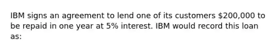 IBM signs an agreement to lend one of its customers 200,000 to be repaid in one year at 5% interest. IBM would record this loan as: