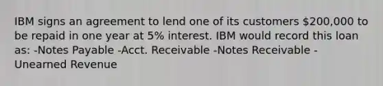 IBM signs an agreement to lend one of its customers 200,000 to be repaid in one year at 5% interest. IBM would record this loan as: -Notes Payable -Acct. Receivable -Notes Receivable -Unearned Revenue