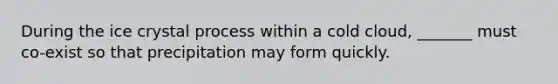 During the ice crystal process within a cold cloud, _______ must co-exist so that precipitation may form quickly.