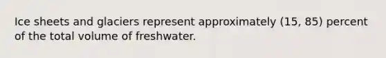 Ice sheets and glaciers represent approximately (15, 85) percent of the total volume of freshwater.