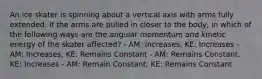 An ice skater is spinning about a vertical axis with arms fully extended. If the arms are pulled in closer to the body, in which of the following ways are the angular momentum and kinetic energy of the skater affected? - AM: Increases, KE: Increases - AM: Increases, KE: Remains Constant - AM: Remains Constant, KE: Increases - AM: Remain Constant, KE: Remains Constant