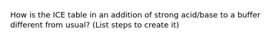 How is the ICE table in an addition of strong acid/base to a buffer different from usual? (List steps to create it)