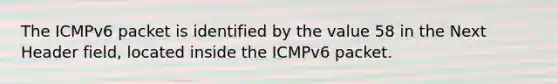 The ICMPv6 packet is identified by the value 58 in the Next Header field, located inside the ICMPv6 packet.