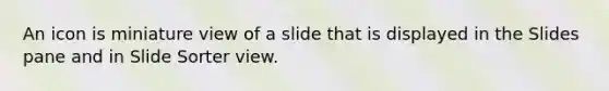 An icon is miniature view of a slide that is displayed in the Slides pane and in Slide Sorter view.