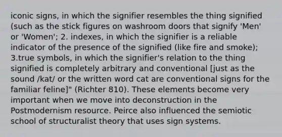 iconic signs, in which the signifier resembles the thing signified (such as the stick figures on washroom doors that signify 'Men' or 'Women'; 2. indexes, in which the signifier is a reliable indicator of the presence of the signified (like fire and smoke); 3.true symbols, in which the signifier's relation to the thing signified is completely arbitrary and conventional [just as the sound /kat/ or the written word cat are conventional signs for the familiar feline]" (Richter 810). These elements become very important when we move into deconstruction in the Postmodernism resource. Peirce also influenced the semiotic school of structuralist theory that uses sign systems.